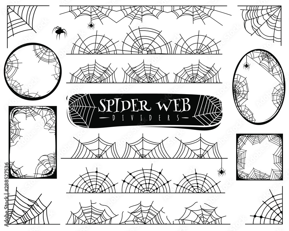 Spider web dividers. Halloween spiderwebs with spiders, cobweb frame ...