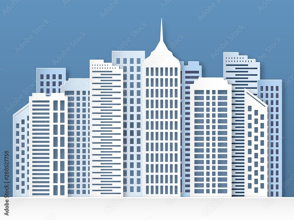 Paper city skyline. Urban origami cityscape with white papercut modern buildings and skyscrapers. Abstract megapolis vector background