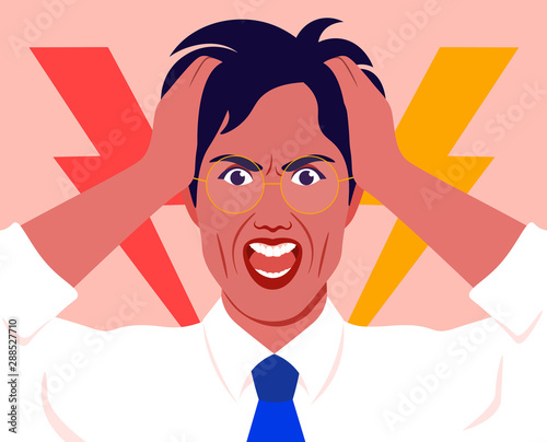 Portrait of a man in stress. The businessman holds his head in his hands and screams. Pain. Anger and despair. Vector flat illustration