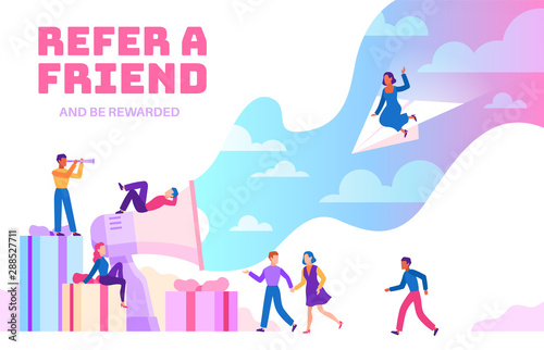 Refer a friend. Friendly people with megaphone referring new users. Business recommendation website. Flat vector background © YummyBuum
