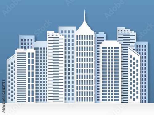 Paper city skyline. Urban origami cityscape with white papercut modern buildings and skyscrapers. Abstract megapolis vector background