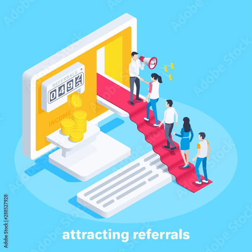 isometric vector image on a blue background, a man with a loudspeaker stands at the open door on the computer screen, attracting referrals and buyers for additional income