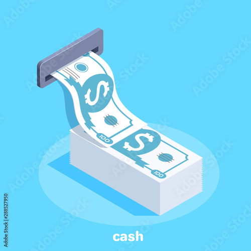 isometric vector image on a blue background, a banknote crawling out of a cash machine onto a high stack of money, cash withdrawal