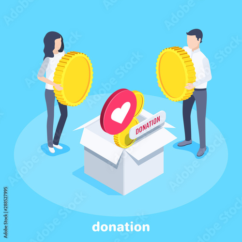 isometric vector image on a blue background, men in business suits are standing near a large box into which money and likes fall, charity donations and sponsorship