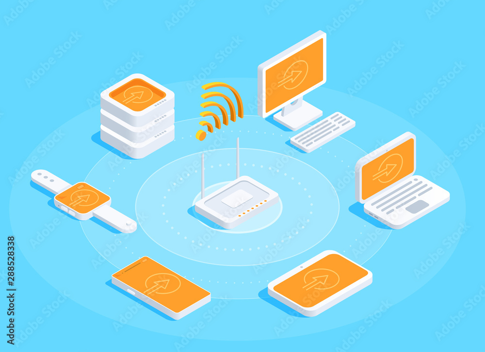 isometric vector image on a blue background, a set of electronics, a laptop with a computer and other gadgets, wireless connection and the Internet network