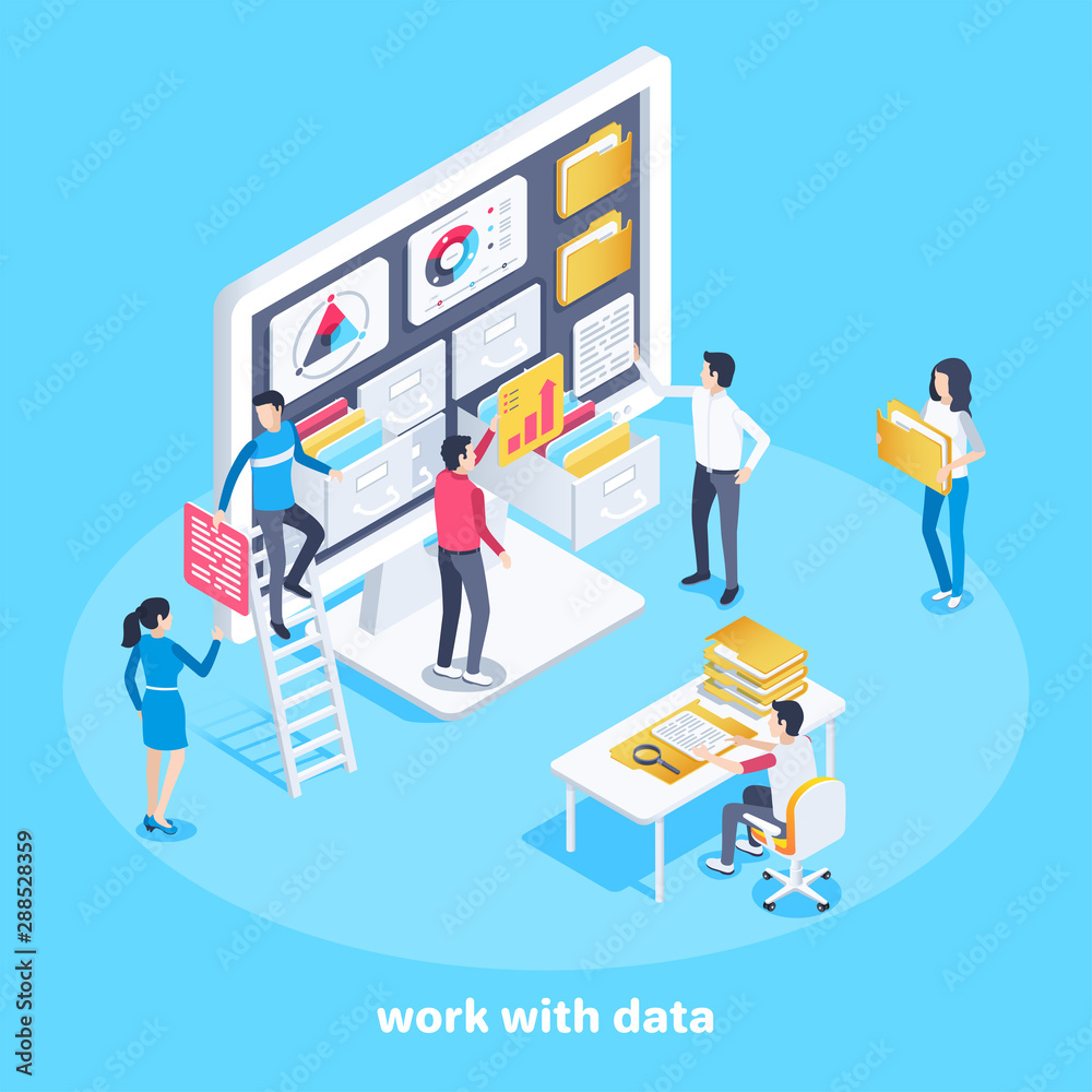 isometric vector image on a blue background, men and women near the computer work with data, teamwork on data processing isometric vector image on a blue background, men and women near the computer work with data, teamwork on data processing