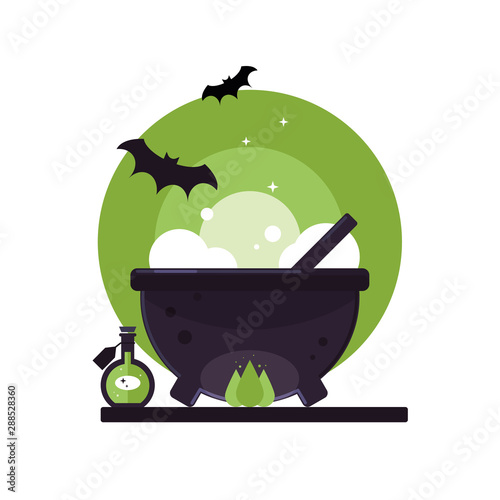 Witch's cauldron. Cooking poison. Near a bottle of poison. Bats are flying. Glow from the poison. Image for Halloween. October 31. Green style. Icon for the holiday