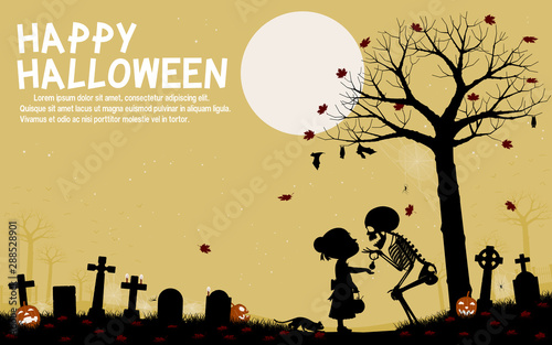 The skeleton is giving a little girl some candy under the maple tree .There are 5 unique layers(red/orange/black/white/dark yellow). Easy to change color which you want.