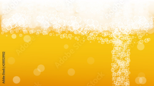 Beer background. Craft lager splash. Oktoberfest foam. restaurant banner design. Shiny pint of ale with realistic white bubbles. Cool liquid drink for Yellow jug with beer background.