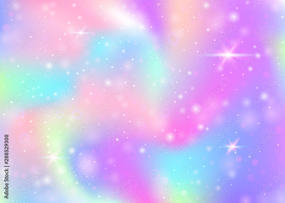 Fairy background with rainbow mesh. Trendy universe banner in princess colors. Fantasy gradient backdrop with hologram. Holographic fairy background with magic sparkles, stars and blurs.