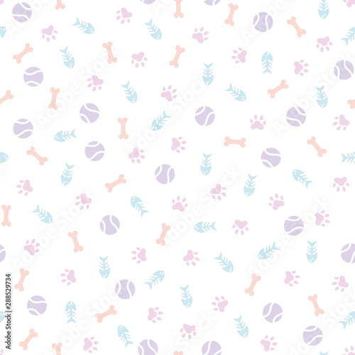 Seamless pattern with cat paws and toys