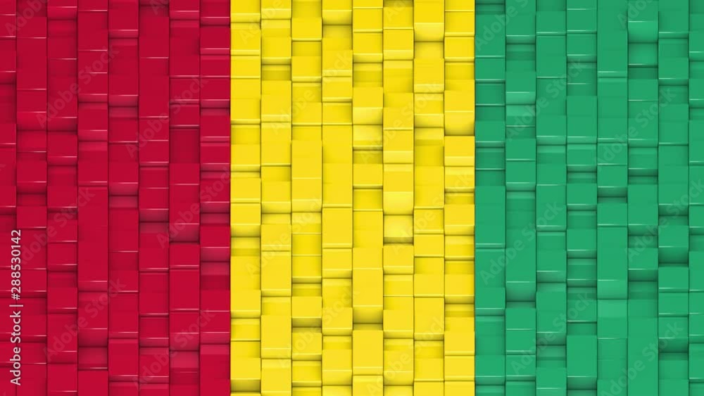 Guinean flag made of cubes moving up and down in a random pattern. 3D animated motion background loop.