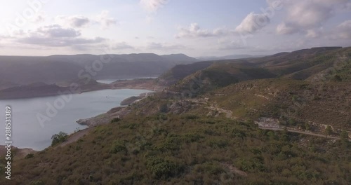 Drone view of Collection, calm lake surrounded with nature