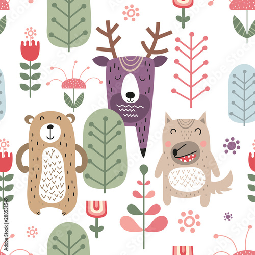Childish seamless pattern with cute bear, deer and wolf in Scandinavian style. Vector Illustration. Kids illustration for nursery design. Great for baby clothes, greeting card, wrapping paper.