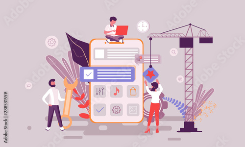 Flat web page design template of app development homepage or header decorated people character for website and mobile website development. Flat landing page template. Vector illustration.
