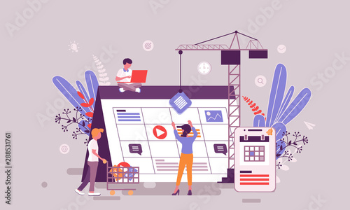 Flat web page design template of business planning homepage or header decorated people character for website and mobile website development. Flat landing page template. Vector illustration.