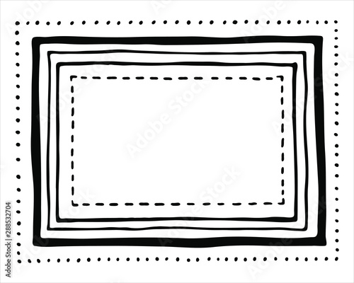 Set of hand drawn square frames. Thin, thick, dashed, dotted rectangles. Vector illustration