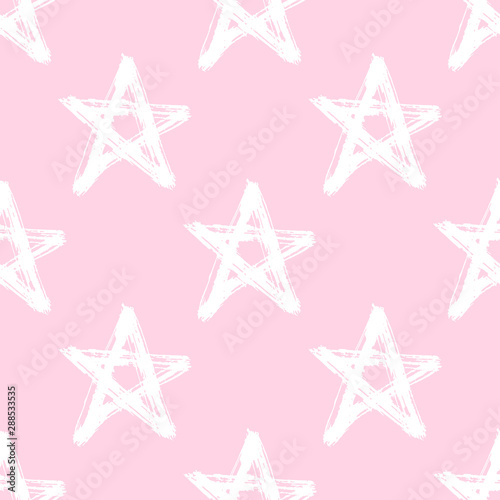 Seamless pattern with hand drawn star shapes isolated on pastel pink background. Rough ink brush painted symbols. Vector wallpaper.