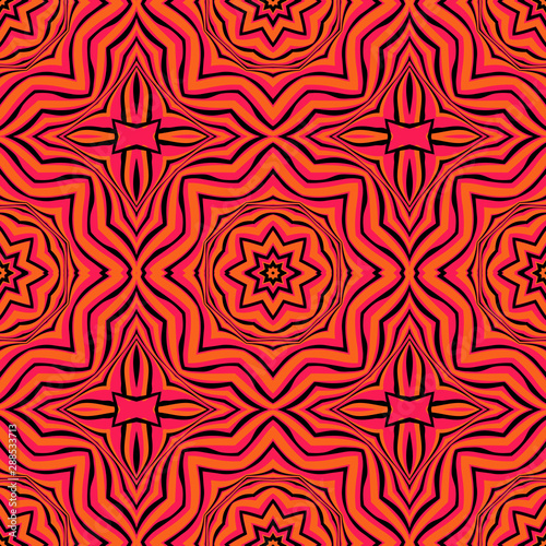 Seamless circular vector pattern. Colored decorative repainting background with tribal and ethnic motifs. Abstract floral geometric lace. Symmetrical flower ornament.