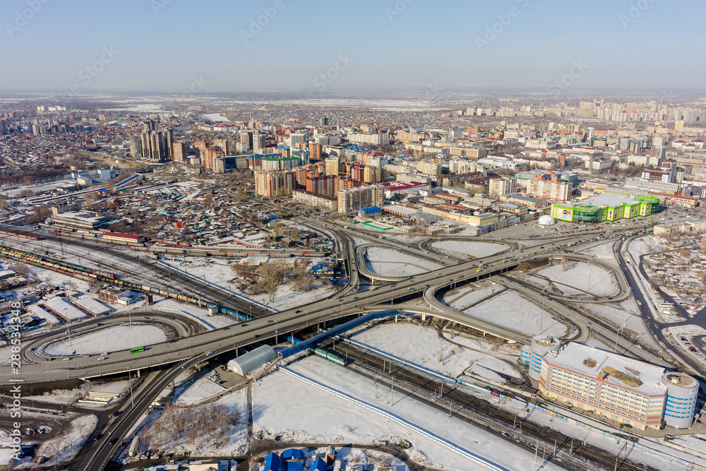 Aerial view on bridge over railways. Tyumen. Russia