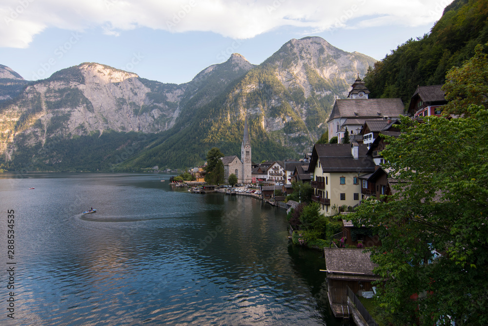 Amazing view of Hallstatt village in Alps at dusk, Austria