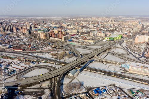 Aerial view on bridge over railways. Tyumen. Russia