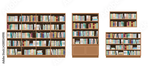 Bookcases and bookshelves full of books. Isolated on white background. Education library and bookstore concept.  Vector illustration.
