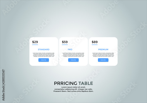 Pricing table design. vector. order, box, button, list for web. price. mobile.