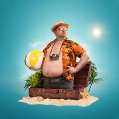 Ready for the holidays, travel concept. Funny overweight man standing out of the suitcase.