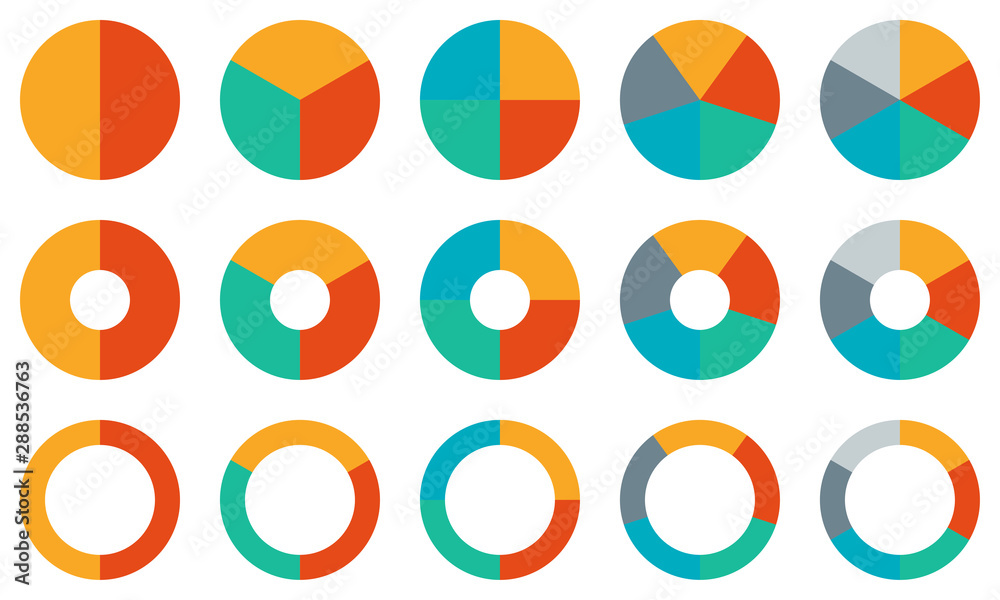 Pie chart set. Colorful diagram collection with 2,3,4,5,6 sections or Color Combination In Pie Chart