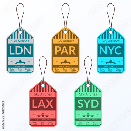Luggage tag set. Travel and baggage stickers. Labels for suitcases in the Airport. Vector illustration.