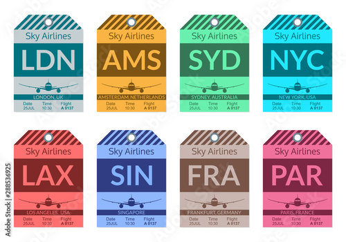 Luggage tag set. Travel and baggage stickers. Labels for bags in the Airport. Vector illustration.