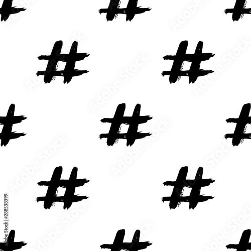 Hashtag vector seamless pattern. Social network background. Ink paint brush stroke symbols isolated on white background.