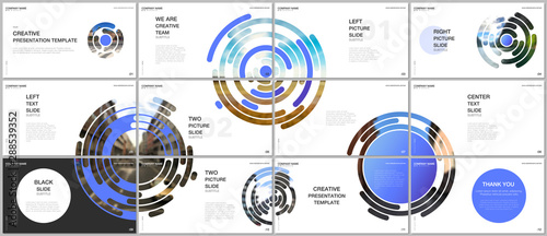 Minimal presentations design, portfolio vector templates with blue colorful circle elements on white background. Multipurpose template for presentation slide, flyer leaflet, brochure cover, report.