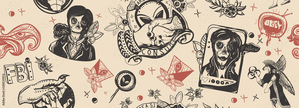 Aliens invaders seamless pattern. Storm area 51 concept. Conspiracy theory. Reptilian humanoids, anunnaki, all seeing eye pyramid. Retro sci-fi. Obey and consume. Traditional tattooing art