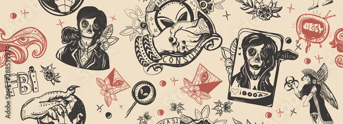 Aliens invaders seamless pattern. Storm area 51 concept. Conspiracy theory. Reptilian humanoids, anunnaki, all seeing eye pyramid. Retro sci-fi. Obey and consume. Traditional tattooing art