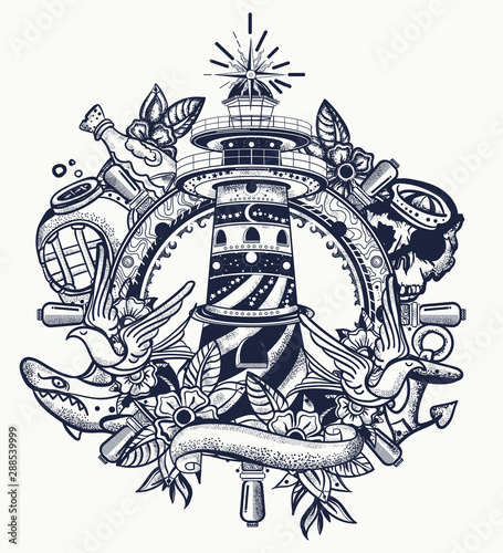 Lighthouse. Tattoo and t-shirt design. Sea adventure art. Beacon, steering wheel, shark, anchor. Old school tattooing style