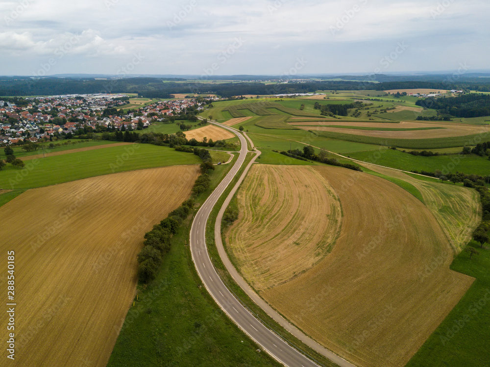 Aerial view towards the municipality of Emmingen-Liptingen on the Hegaualb near Lake Constance in Germany