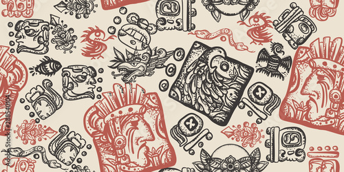 Mayan alphabet seamless pattern. Old school tattoo style. Ancient mexican mesoamerican glyphs, hieroglyphics. Mexican civilization, vintage art