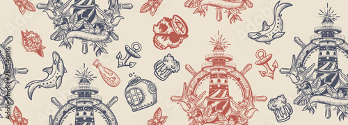 Sea adventure vintage seamless pattern. Old school tattoo. Lighthouse, anchor, shark and steering wheel. Marine art. Traditional tattooing style
