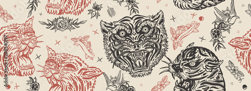Naklejka Wzór tygrysy. Tatuaż starej szkoły. Głowy azjatyckich dzikich kotów, styl japoński. Vintage tradycyjny tatuaż