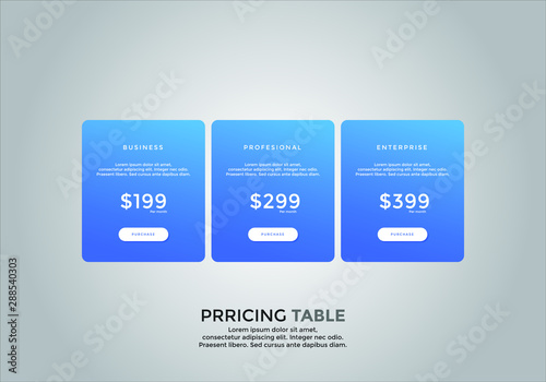 Pricing table design. vector. order, box, button, list for web. price. mobile.