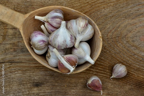 Garlic in a large wooden spoon on an old wooden table close up