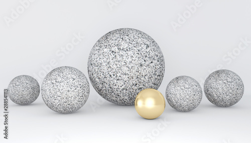 Beautiful abstract minimalistic background. Granite balls and Golden ball on white background. The concept of uniqueness. 3D rendering.