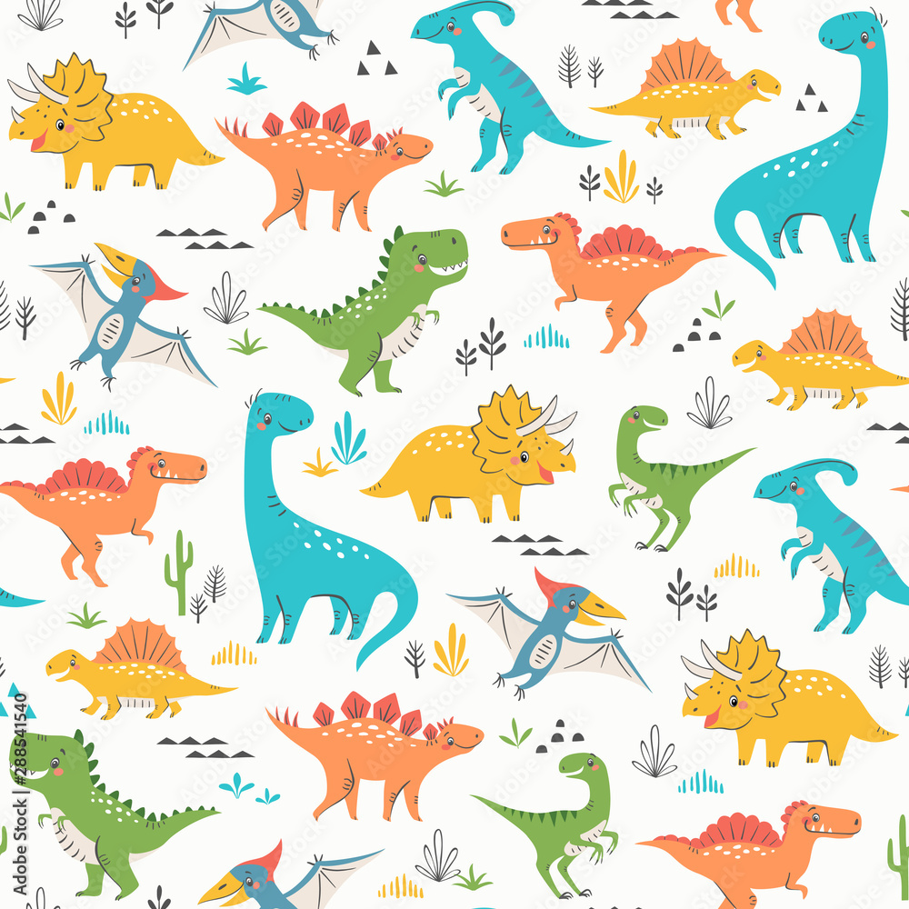 Naklejka Wzór ładny kolorowe dinozaury z kwiatowymi i geometrycznymi elementami