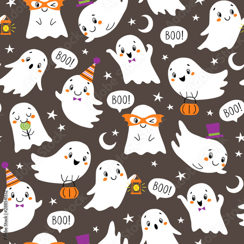 Seamless Halloween pattern of cute little ghosts on dark background.