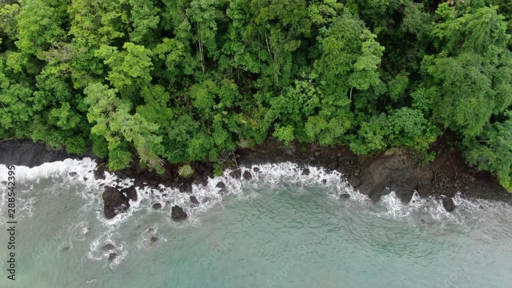 AERIAL LIFT Shot Of Rocky Beaches Along A Rainforest Shoreline AERIAL LIFT Shot Of Rocky Beaches Along A Rainforest Shoreline