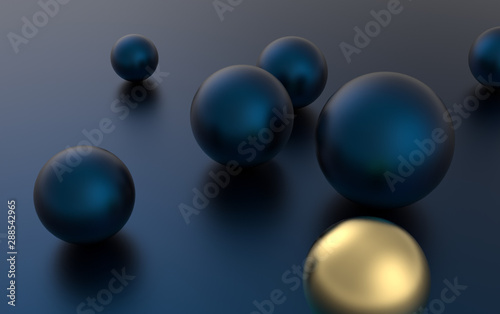 Leadership concept with gold sphere and many blue metallic. 3d render illustration