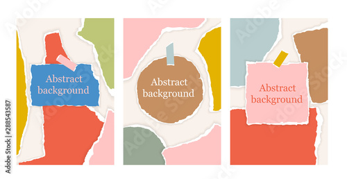 Set of abstract background with torn paper pieces in pastel colors and note. Greeting card template with design elements in scandinavian style. Paper cut collage design. Modern vector Illustration.