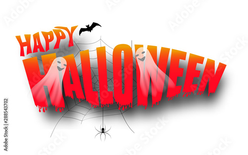 Halloween decorations isolated on white background. Text Happy Halloween with bat and ghosts, spider web. Vector
